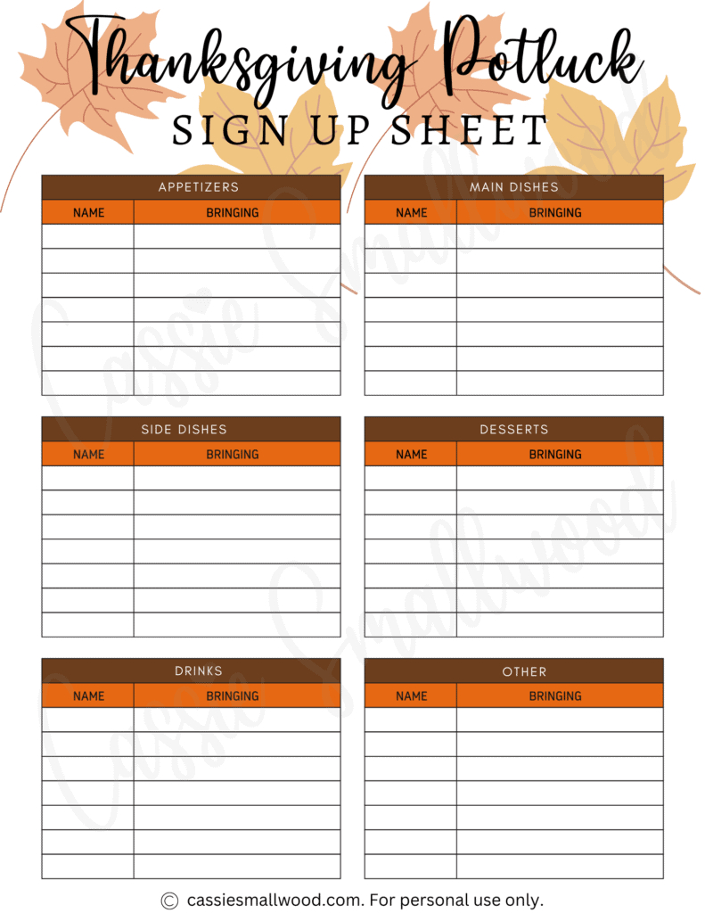 10 Cute Thanksgiving Potluck Sign Up Sheets - Cassie Smallwood for Printable Sign Up Sheet For Potluck