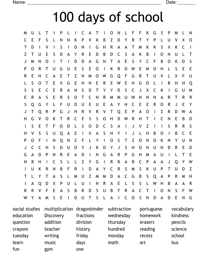 100 Days Of School Word Search - Wordmint with 100 Word Word Search Free Printable