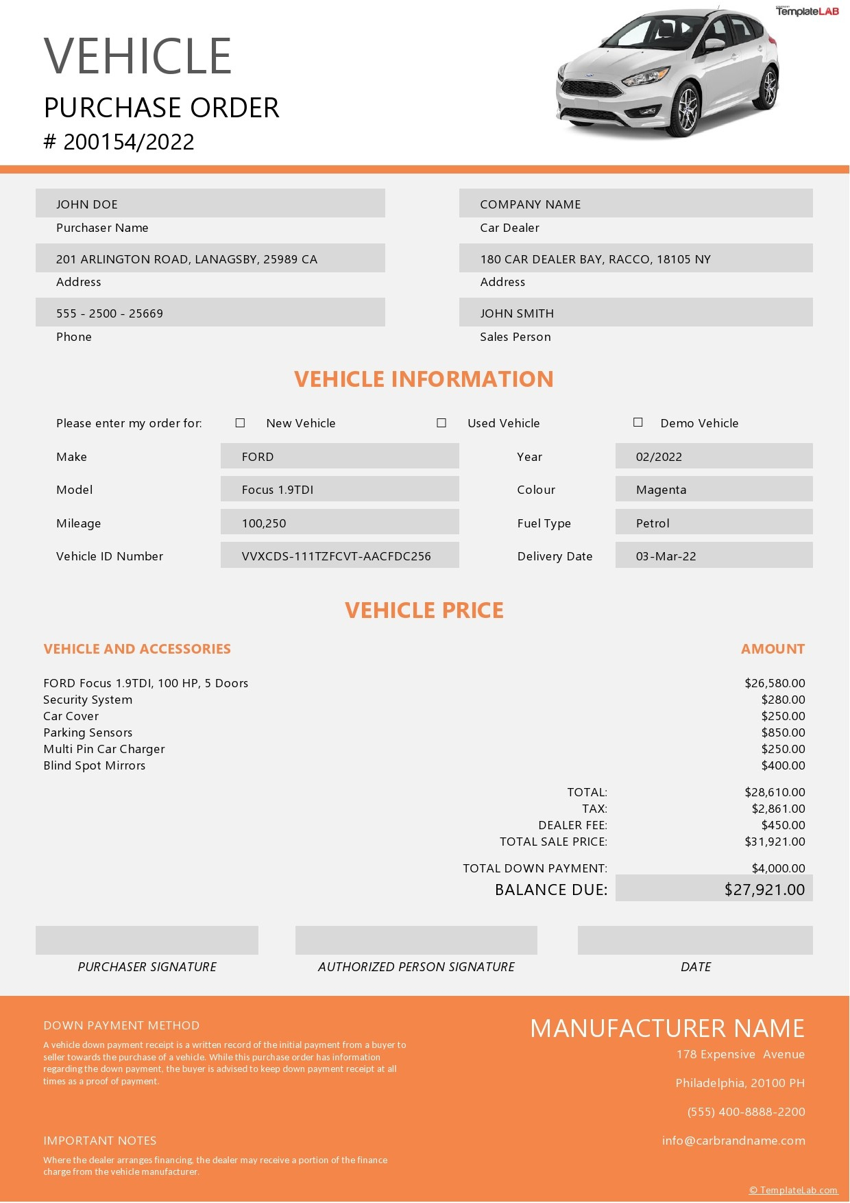 18 Free Purchase Order Templates [In Word, Excel, Pdf] inside Vehicle Purchase Order Form Printable Free
