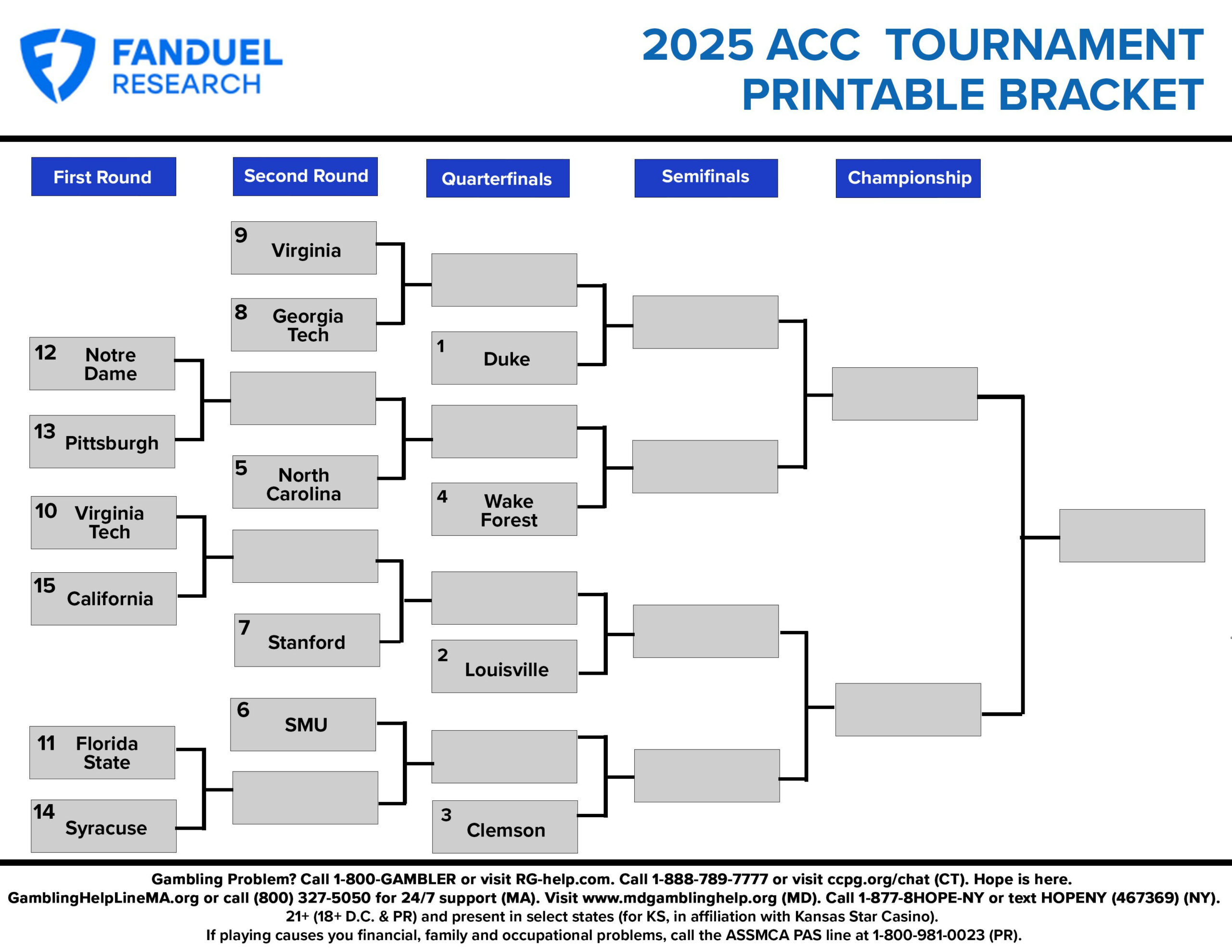 2025 Acc Basketball Printable Bracket For Tournament | Fanduel regarding Acc Men's Basketball Tournament Bracket Printable