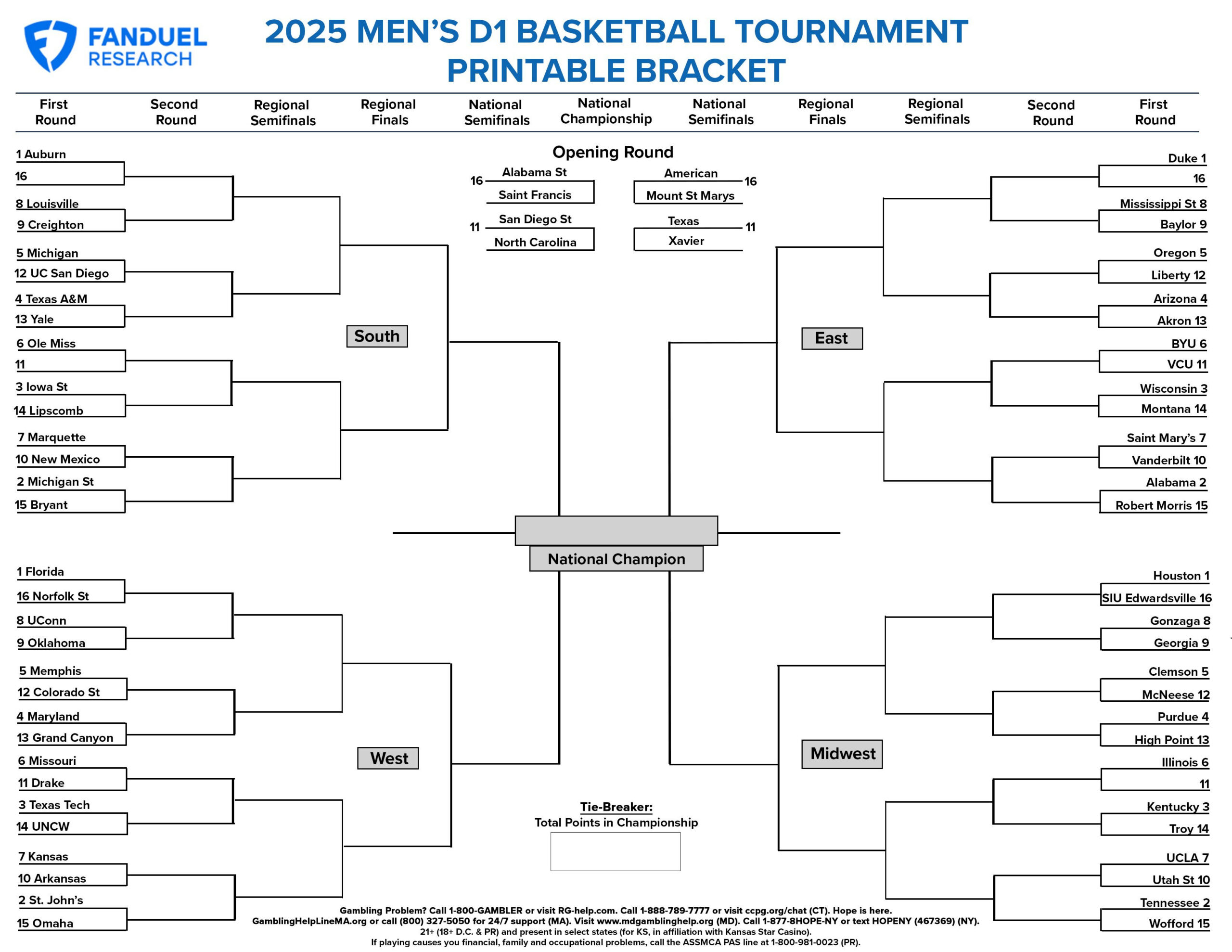 2025 Men'S College Basketball Tournament Free Printable Bracket in Printable Men'S Ncaa Basketball Tournament Bracket