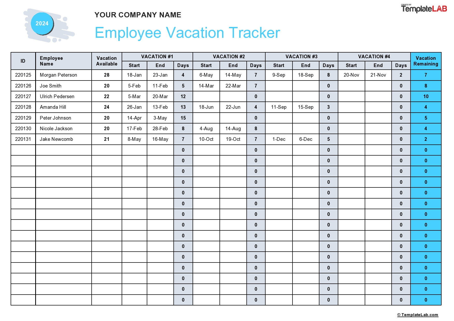 47 Employee Vacation Trackers (Excel &amp;amp; Word) ᐅ Templatelab with Printable Employee Vacation Tracker Excel
