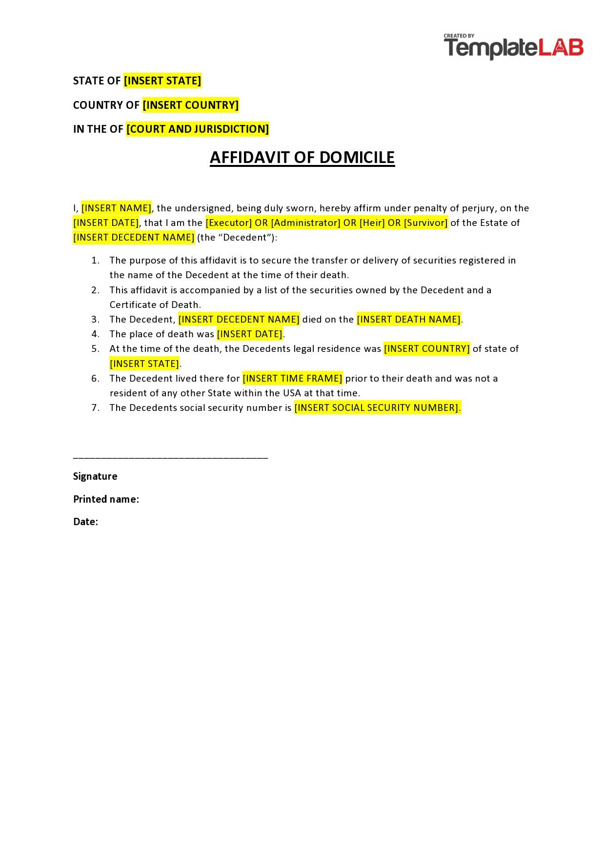 60 Free Affidavit Templates &amp;amp; Forms [Word, Pdf] - Templatelab with regard to Printable Sworn Statement Affidavit Template