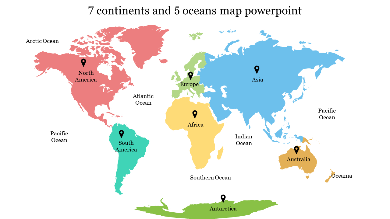 7 Continents And 5 Oceans Map Ppt Template And Google Slides with Printable 7 Continents and 5 Oceans