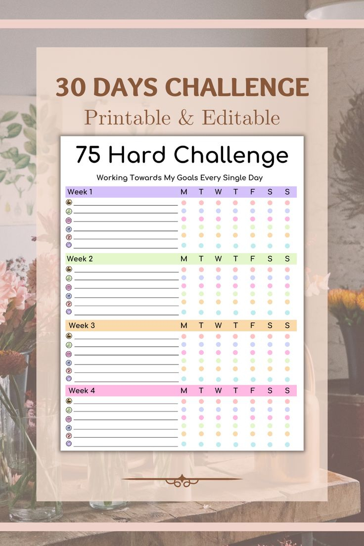 75 Day Hard Challenge, 75 Day Hard Challenge Tracker, 75 Day Hard for 75 Hard Challenge Tracker Printable