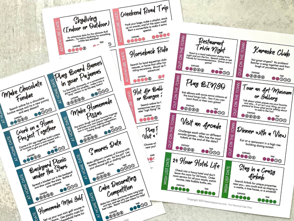 94 Date Night Ideas To Add To Your Date Jar - Free Printable List for 40 Day Love Dare Printable Free Download