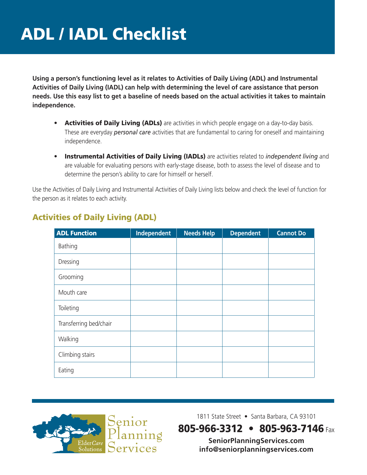 Adl/Iadl Checklist: Assessing Daily Living Activities within Printable Activities of Daily Living Checklist