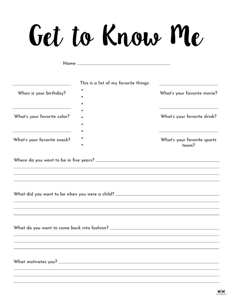 All About Me Printable Worksheets - 50 Free Printables inside Free Printable Get to Know You Worksheet For Adults