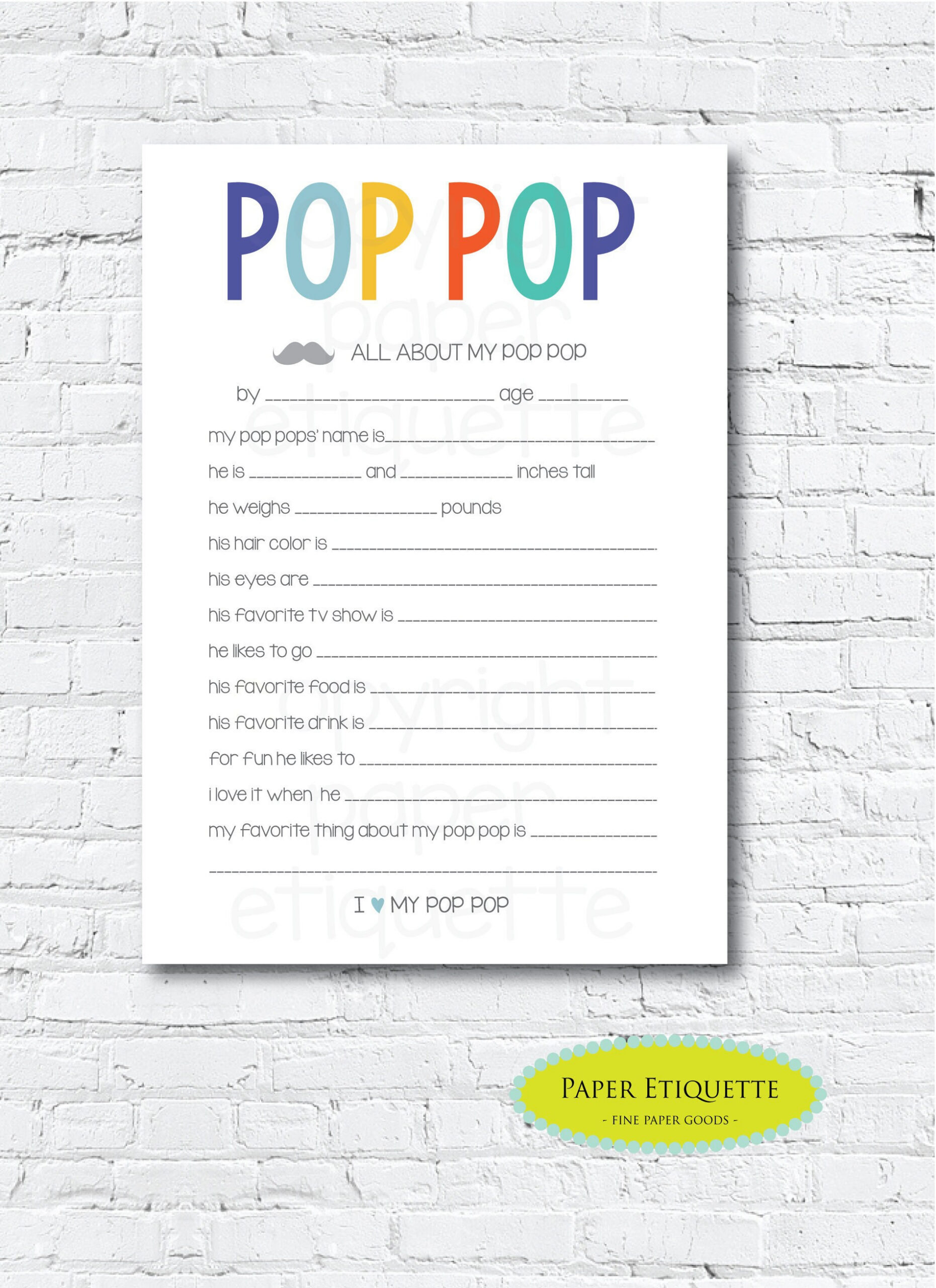 All About My Pop Pop, Pop Pop Father'S Day Gift, Print Your Own within All About My Pop Pop Free Printable