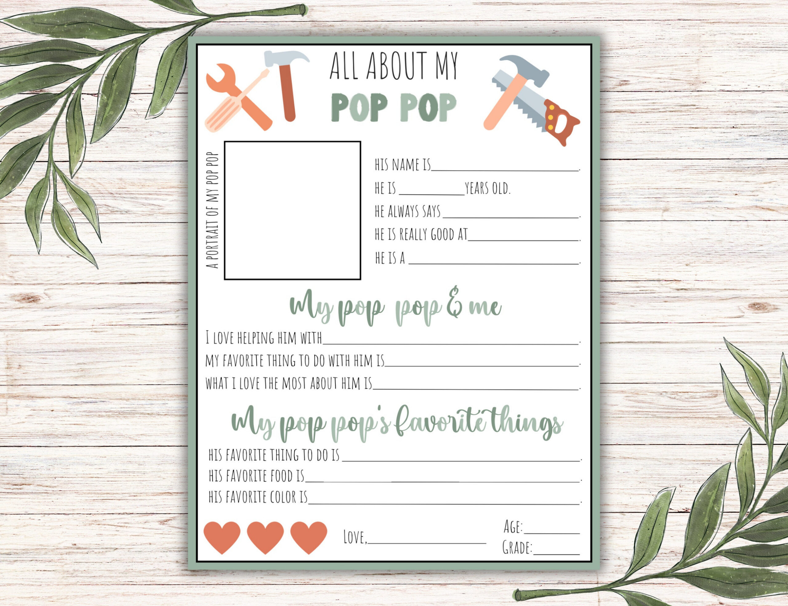All About My Pop Pop Printable, Personalized Gift For Grandpa, Pop in All About My Pop Pop Free Printable