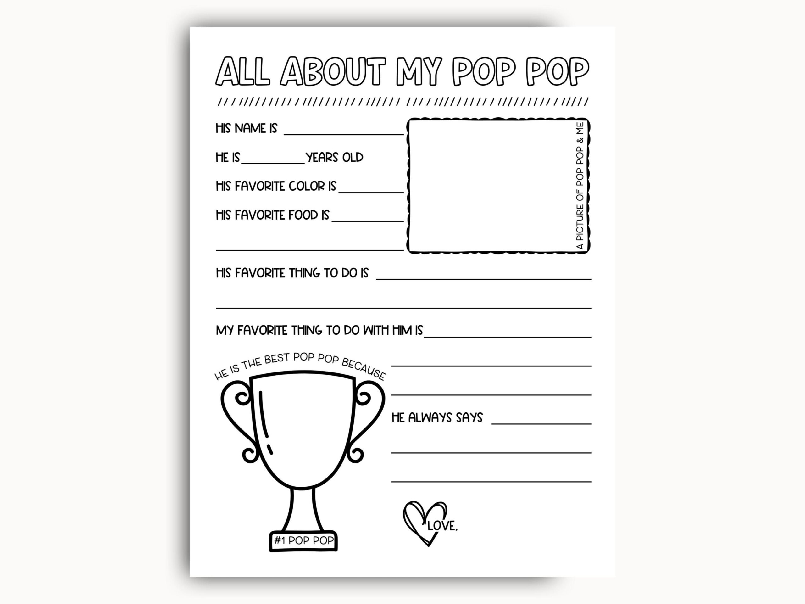 All About My Pop Pop Questionnaire: Printable Keepsake Gift From in All About My Pop Pop Free Printable
