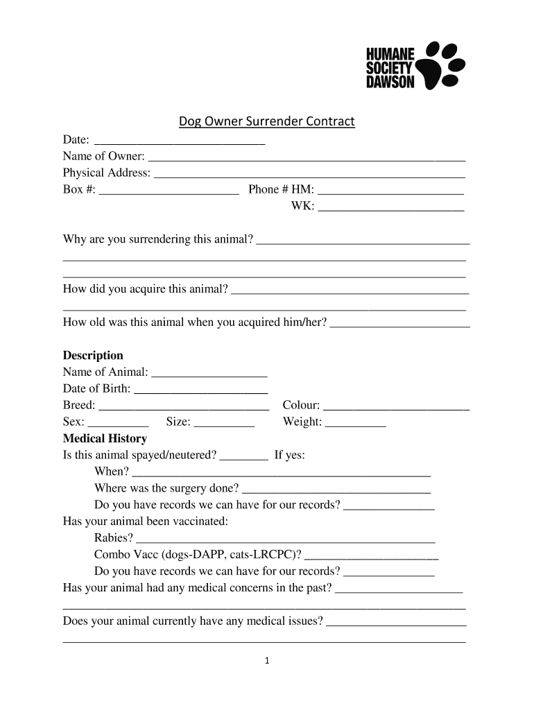 Animal Surrender Form: Fill Out & Sign Online | Dochub throughout Free Printable Animal Surrender Form