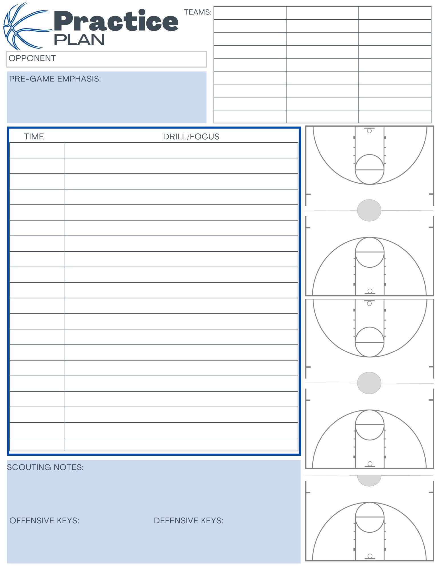 Basketball Practice Plan Templates (3) - Digital Download - Blue in Printable Basketball Practice Plan