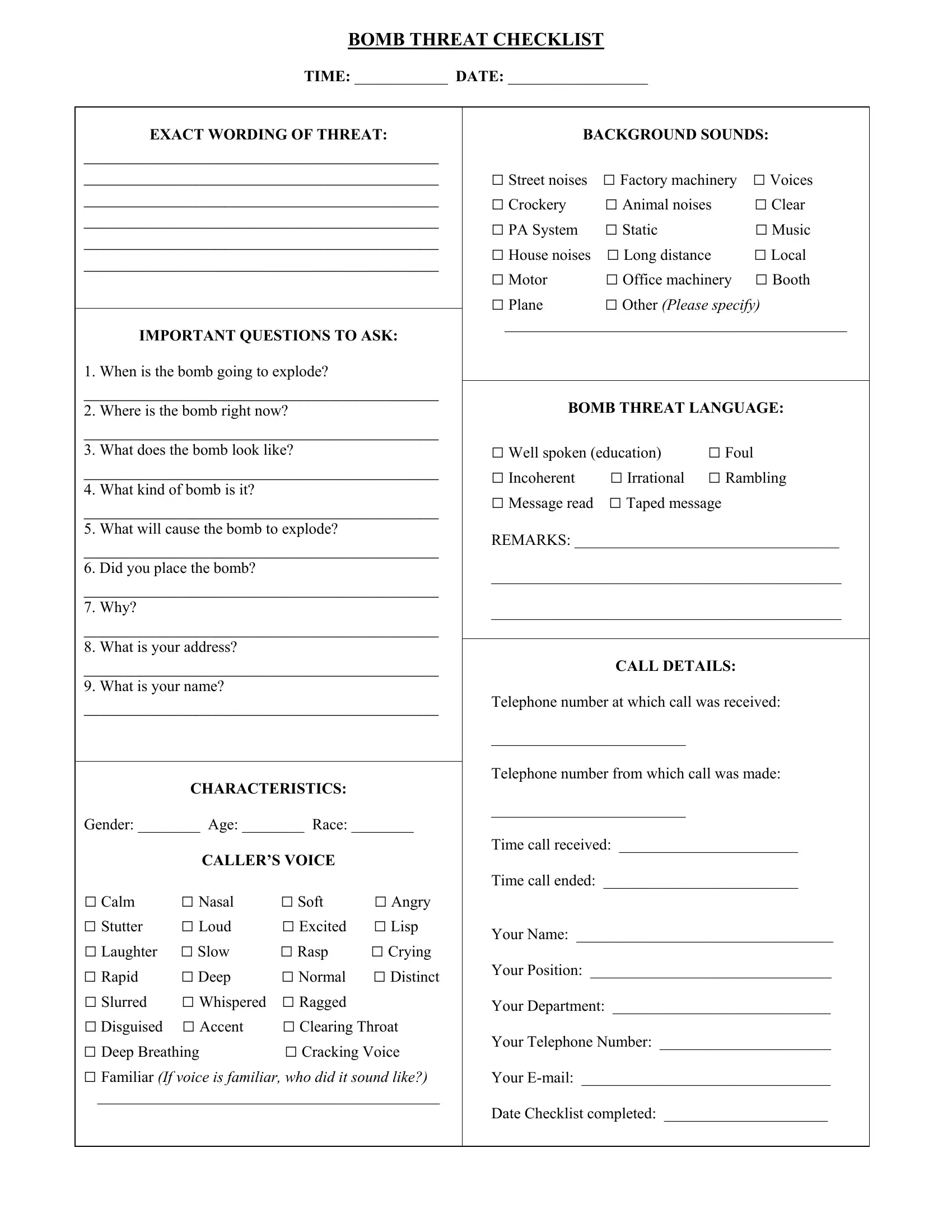 Bomb Threat Checklist Form ≡ Fill Out Printable Pdf Forms Online regarding Printable Bomb Threat Checklist Template