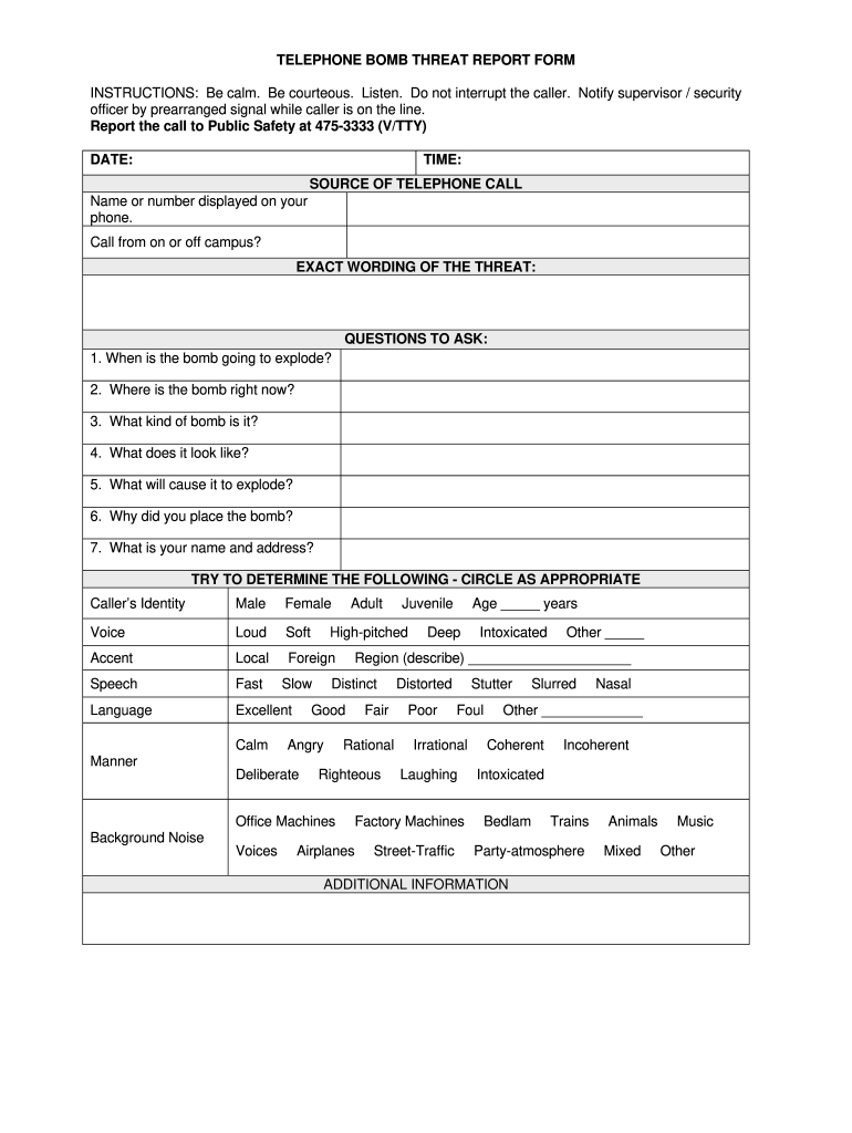Bomb Threat Checklist Template: Fill Out & Sign Online | Dochub inside Printable Bomb Threat Checklist Template