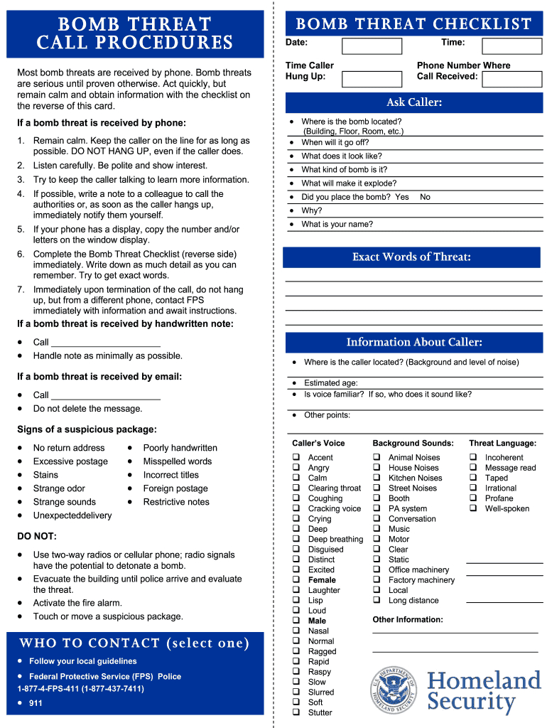 Bomb Threat Checklist Template: Fill Out & Sign Online | Dochub throughout Printable Bomb Threat Checklist Template