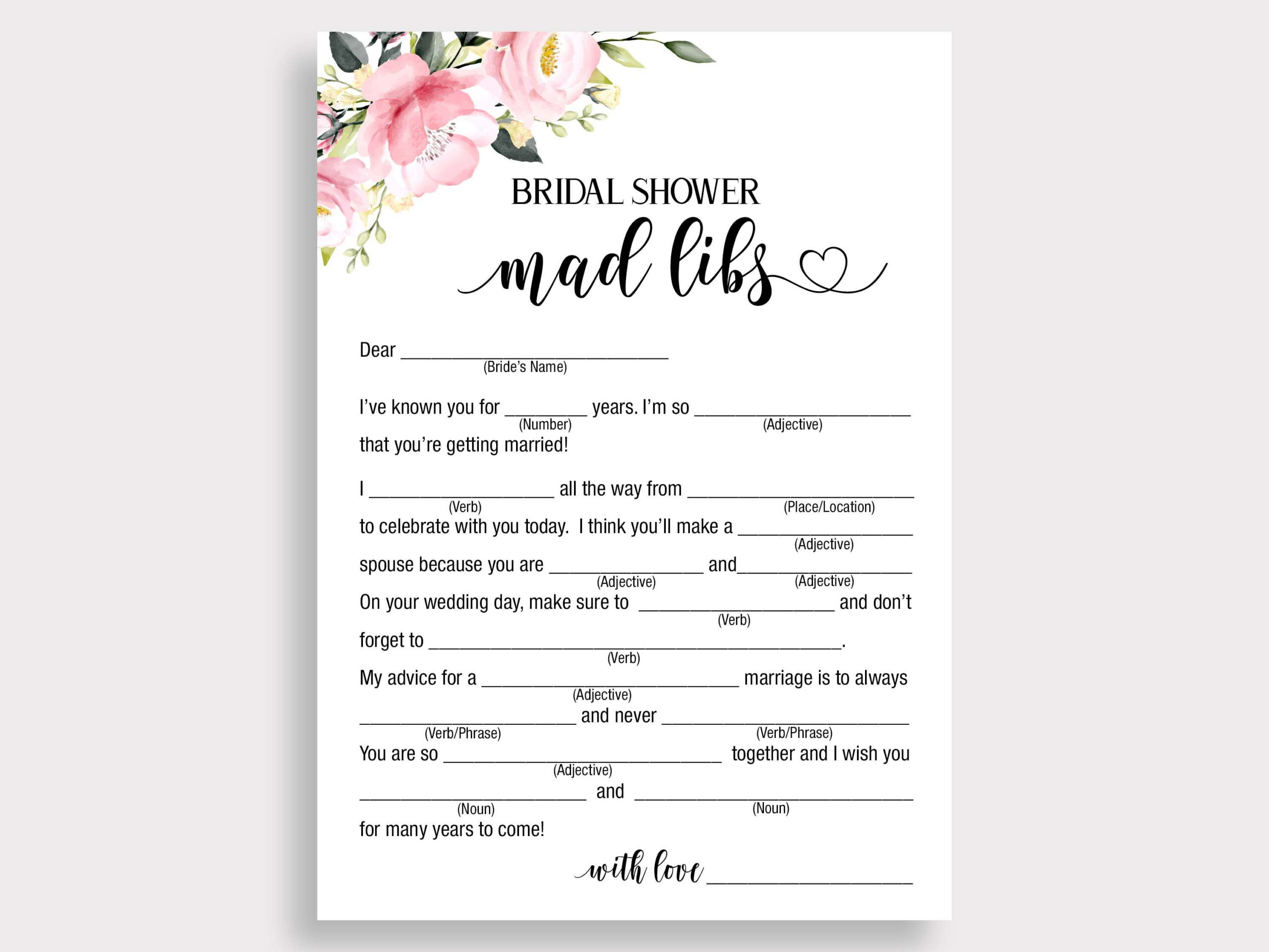 Bridal Shower Mad Libs, Floral Bridal Mad Libs, Mad Libs Bride in Bridal Shower Mad Libs Printable