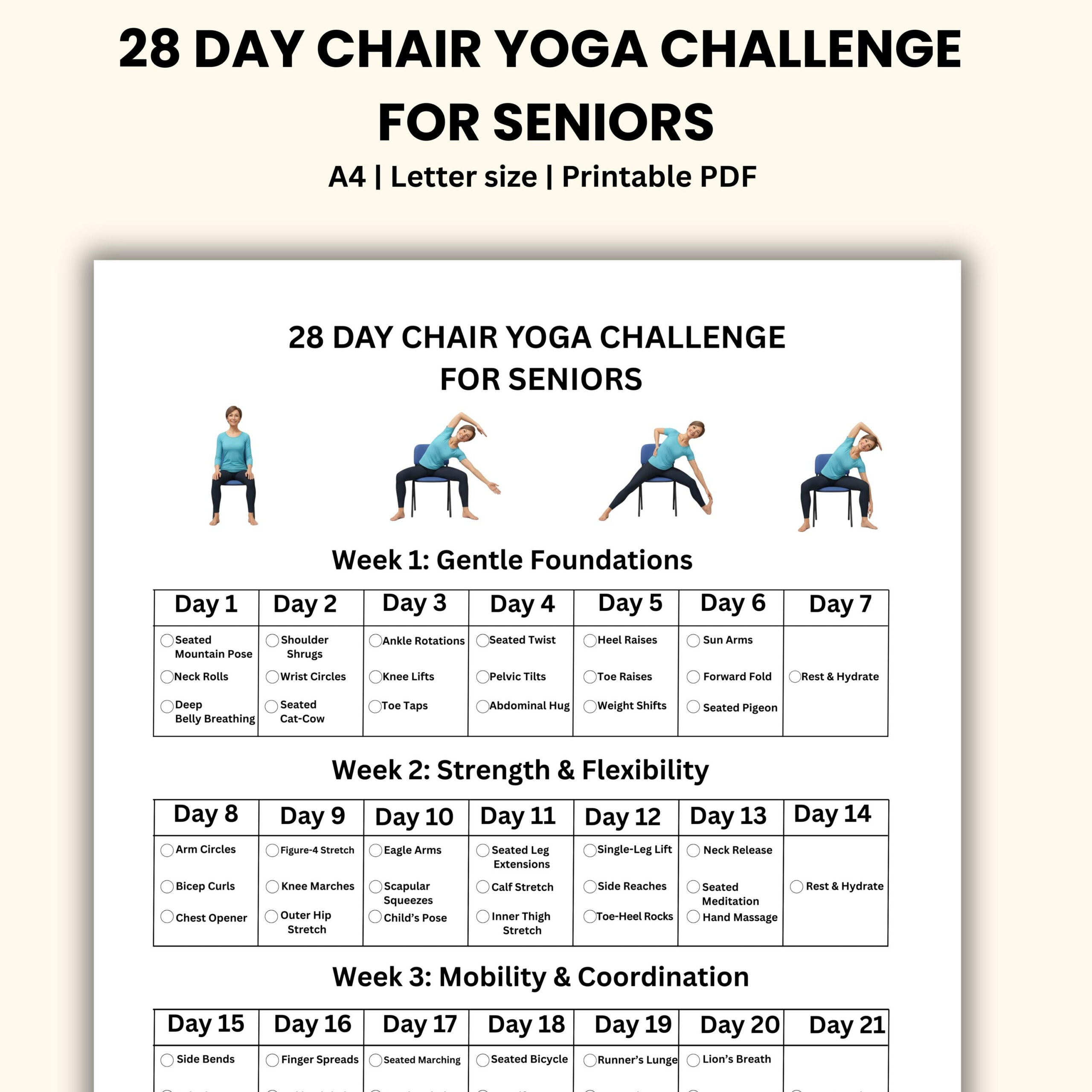 Chair Yoga Challenge: 28-Day Printable Guide For Seniors - Etsy for Printable 28 Day Chair Yoga Challenge