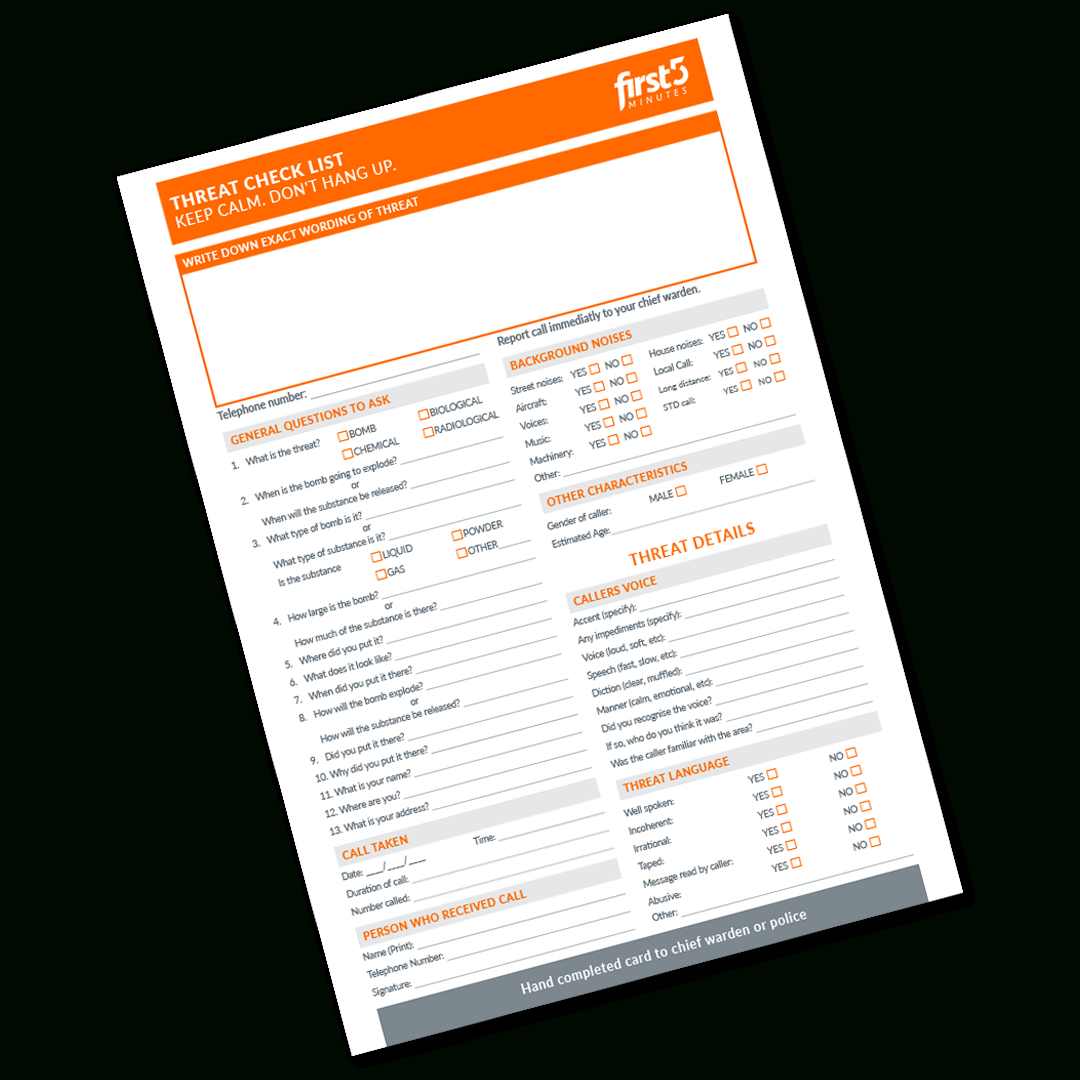 Checklist: Bomb Threat Checklist - First 5 Minutes pertaining to Printable Bomb Threat Checklist Template