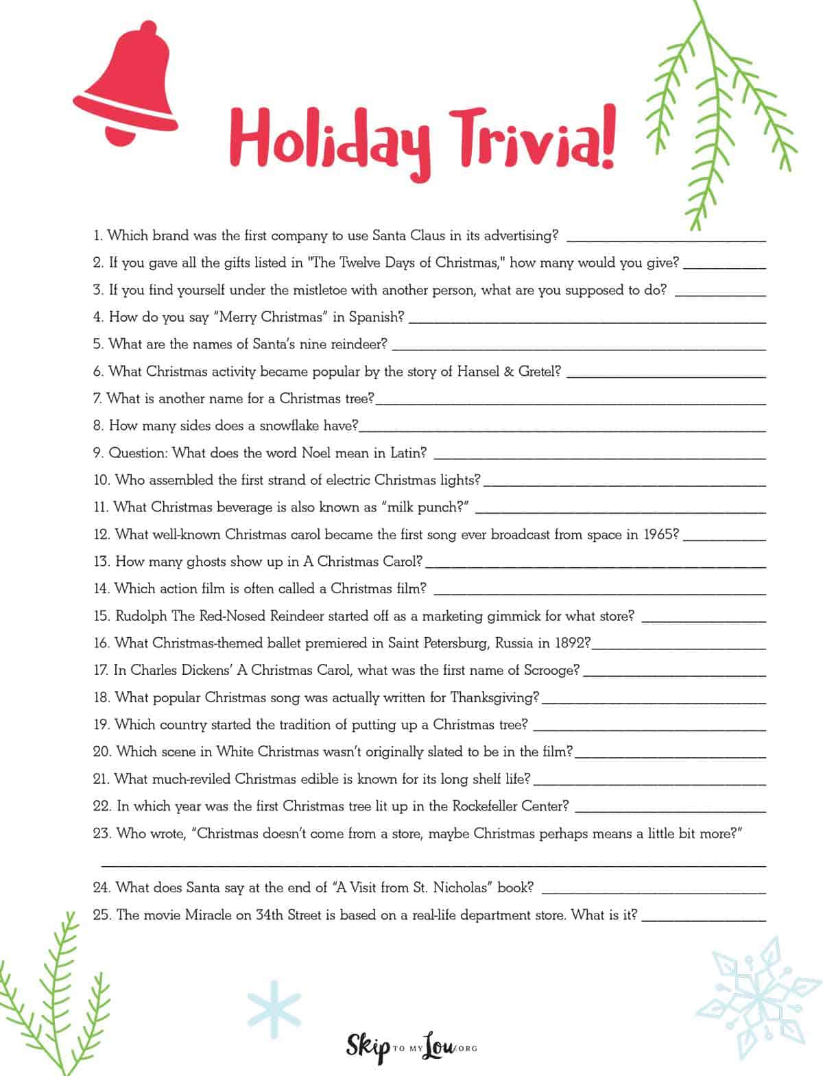 Christmas Trivia | Skip To My Lou in Christmas Trivia Questions And Answers Printable