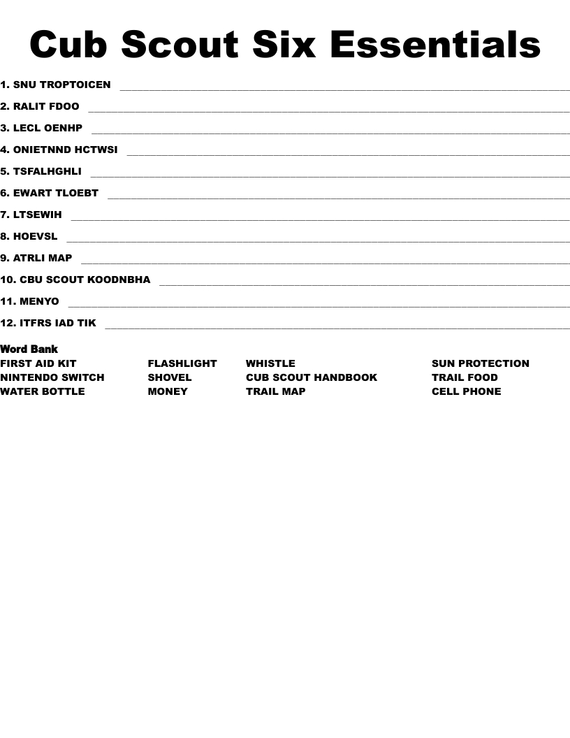 Cub Scout Six Essentials Word Scramble - Wordmint intended for Cub Scout Six Essentials Printable
