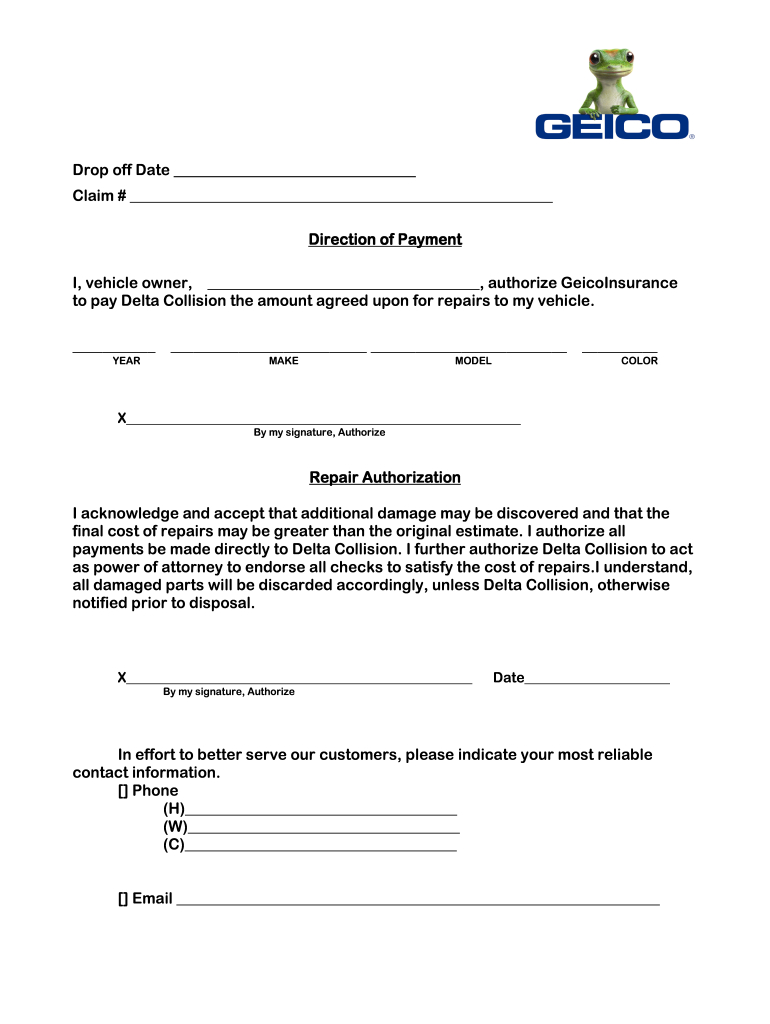 Delta Collision Geico Direction Of Paymentrepair Authorization with regard to Free Printable Direction to Pay Form