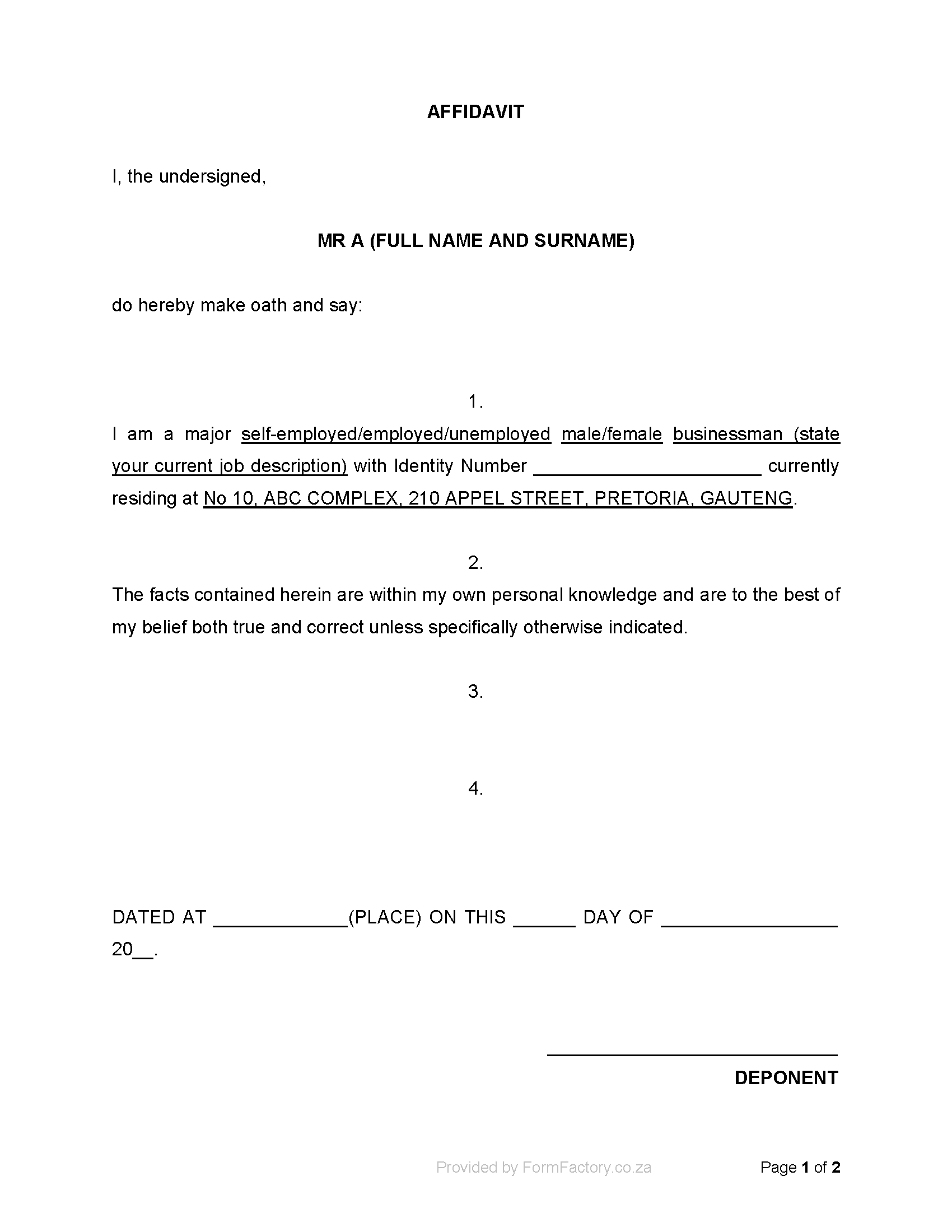 Download Sworn Affidavit Template - Formfactory throughout Printable Sworn Statement Affidavit Template