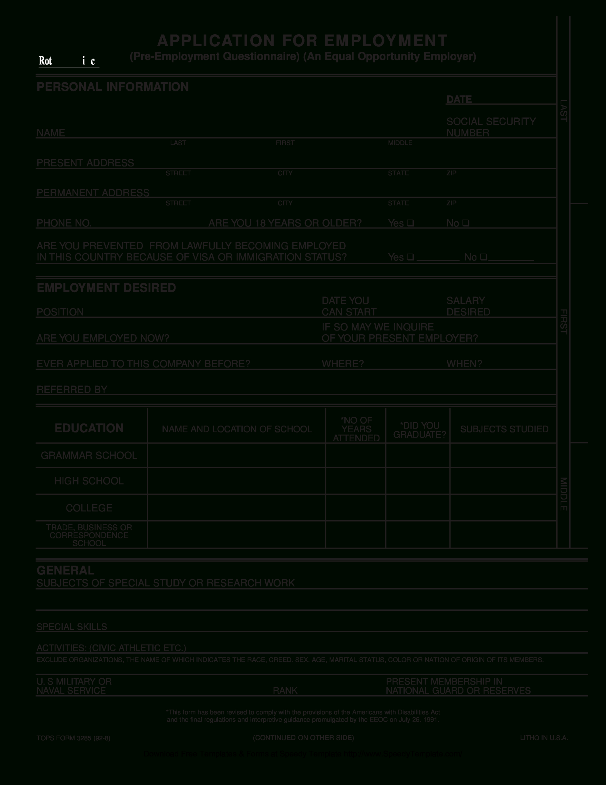 免费Blank Employment Application Form Sample | 样本文件在 within Blank Job Application Forms Printable