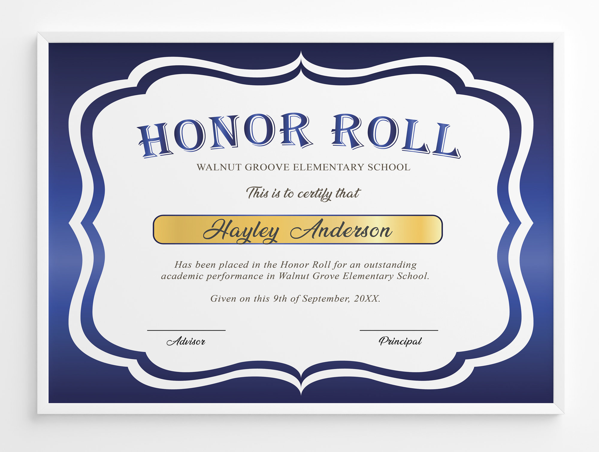 Editable Honor Roll Certificate Template, Royal Blue School Award intended for Free Printable Honor Roll Certificate