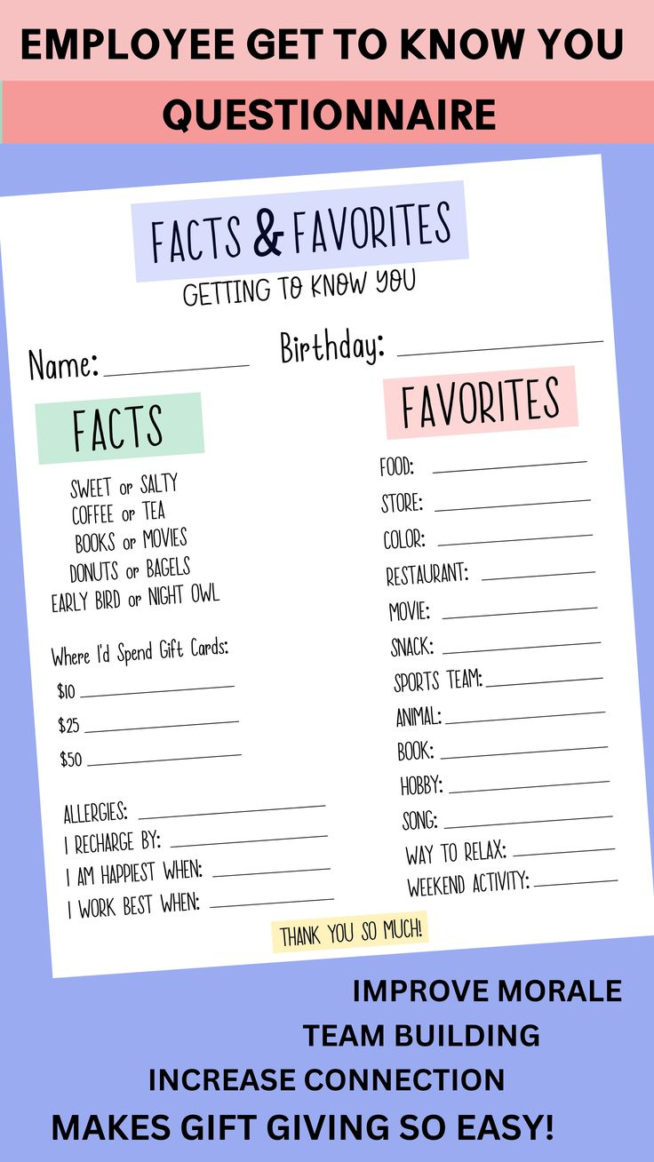 Employee Get To Know You Questionnaire for Free Printable Get to Know Your Employees Form