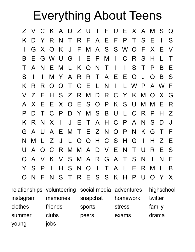 Everything About Teens Word Search - Wordmint with regard to Word Search For Teenager Printable