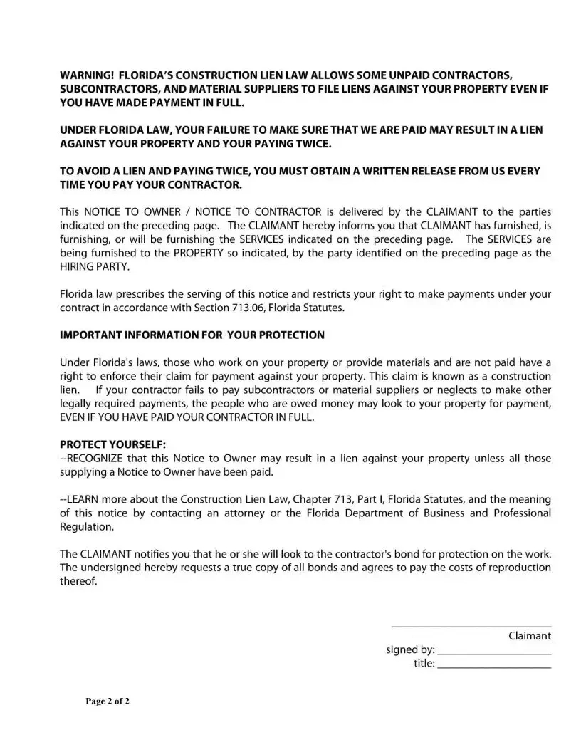 Florida Notice To Owner Form ≡ Fill Out Printable Pdf Forms Online intended for Printable Notice to Owner Florida Form