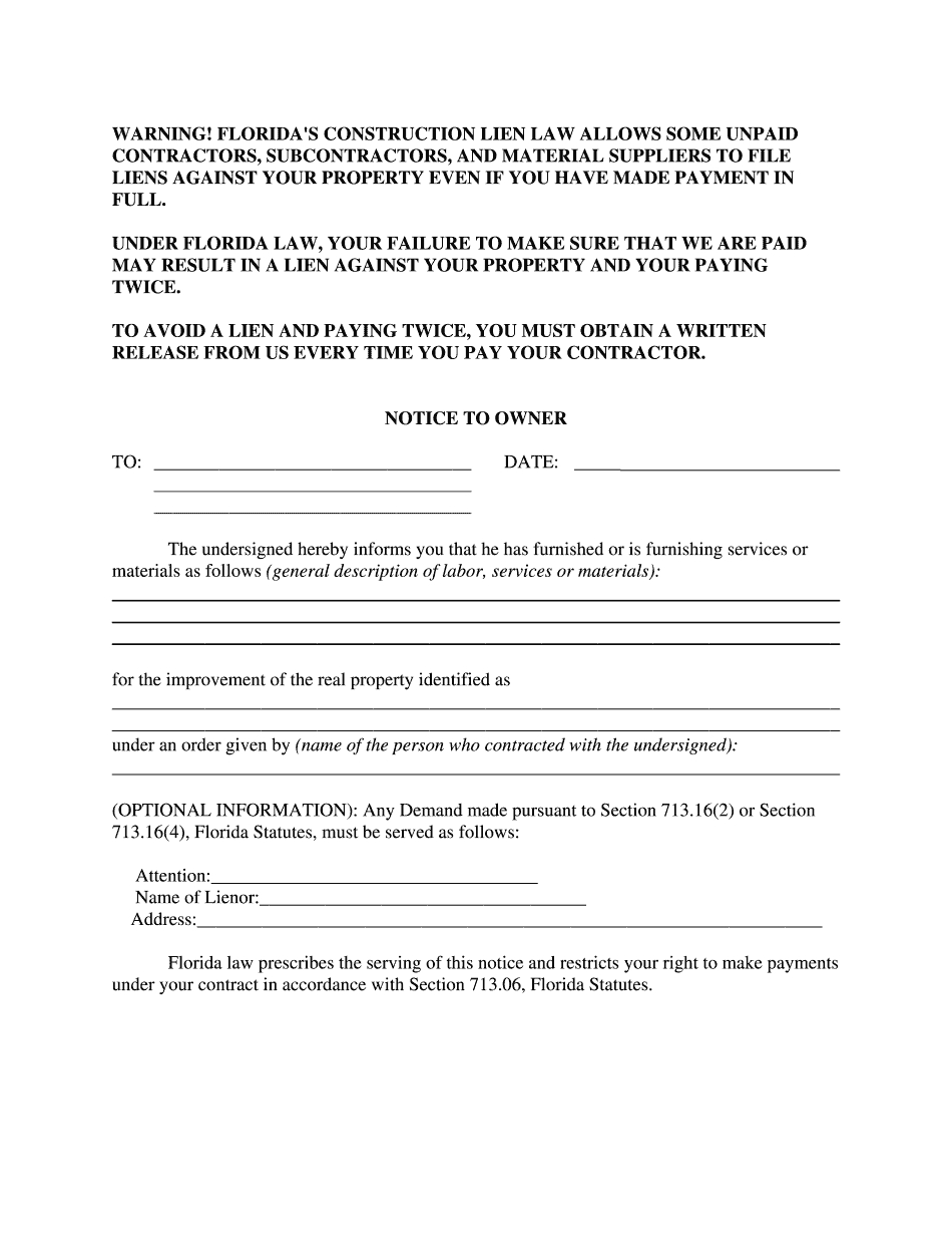 Florida Notice To Owner Form - Printable Blank Pdf Online for Printable Notice to Owner Florida Form
