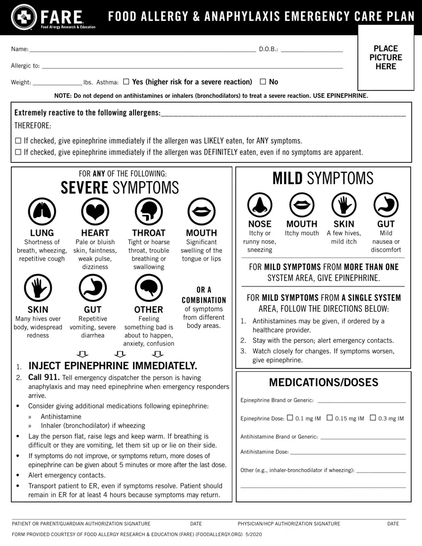 Food Allergy Action Plan Form ≡ Fill Out Printable Pdf Forms Online intended for Food Allergy Action Plan Printable