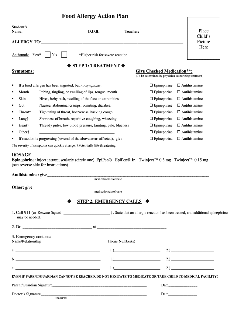 Food Allergy Action Plan Form - Fill Online, Printable, Fillable pertaining to Printable Food Allergy Form Template