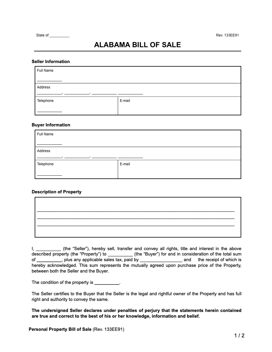 Free Alabama Bill Of Sale Forms | Pdf & Word with Printable Blank Bill of Sale Alabama