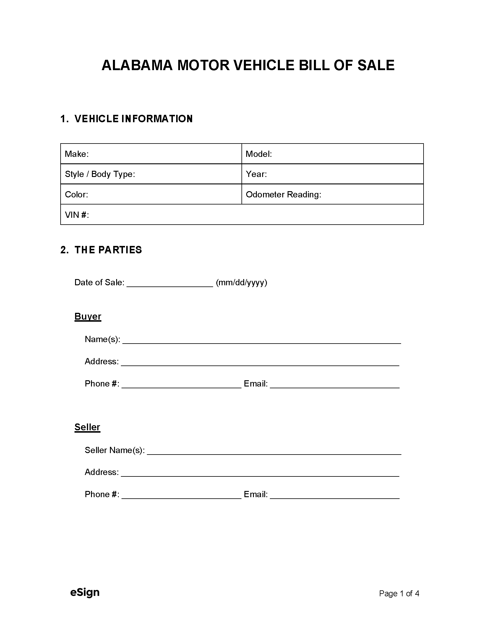 Free Alabama Motor Vehicle Bill Of Sale Form | Pdf | Word intended for Free Printable Bill Of Sale For Car Alabama