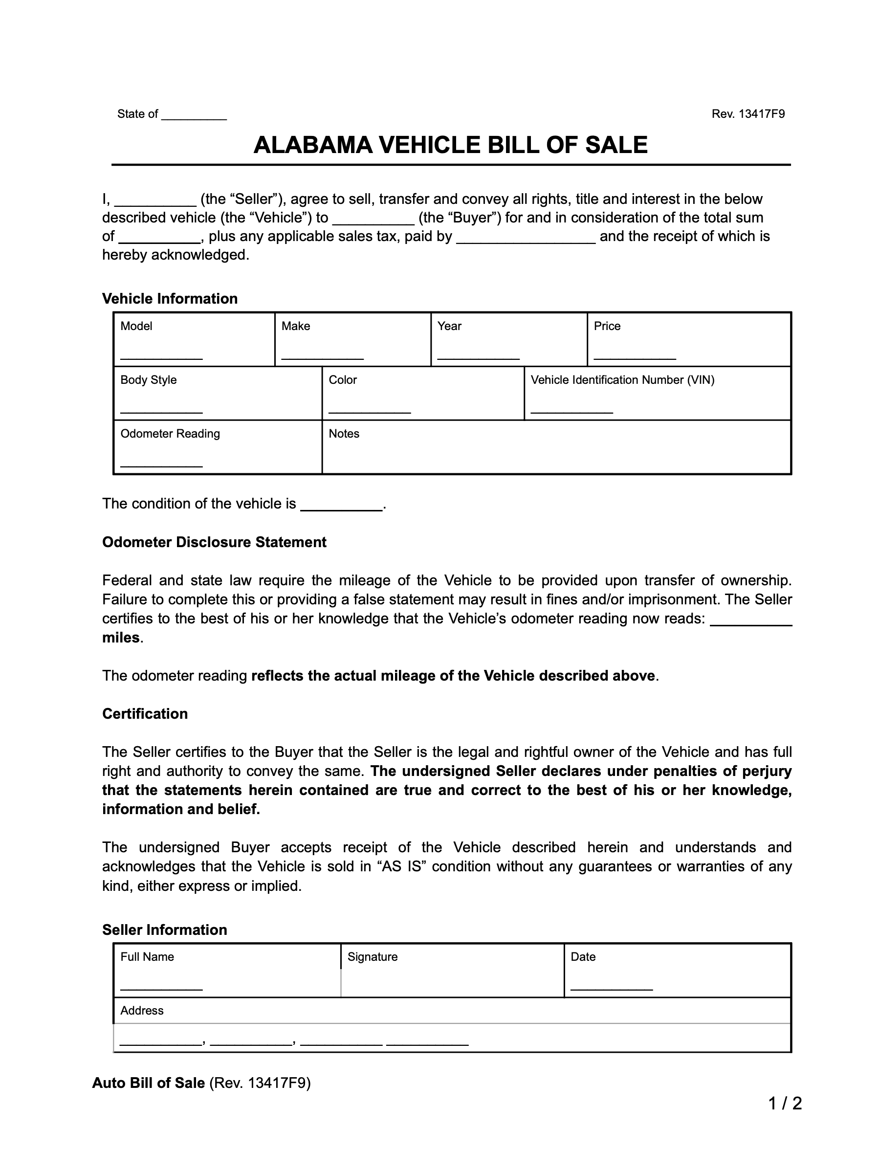 Free Alabama Vehicle Bill Of Sale Template | Pdf And Word throughout Free Printable Bill Of Sale For Car Alabama