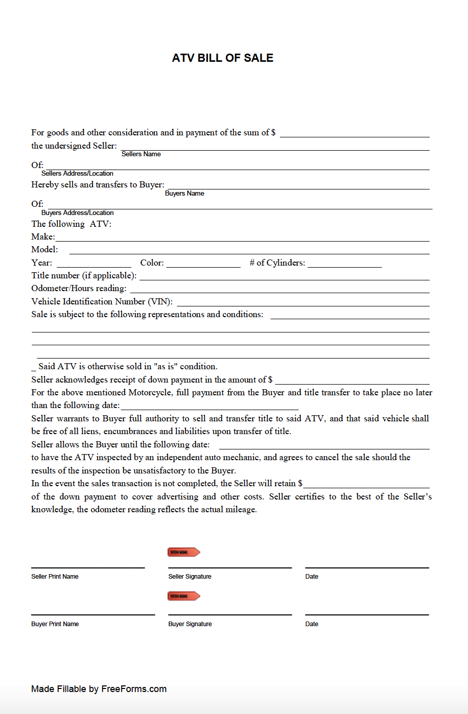 Free All-Terrain Vehicle (Atv) Bill Of Sale Form | Pdf throughout Atv Bill of Sale Printable