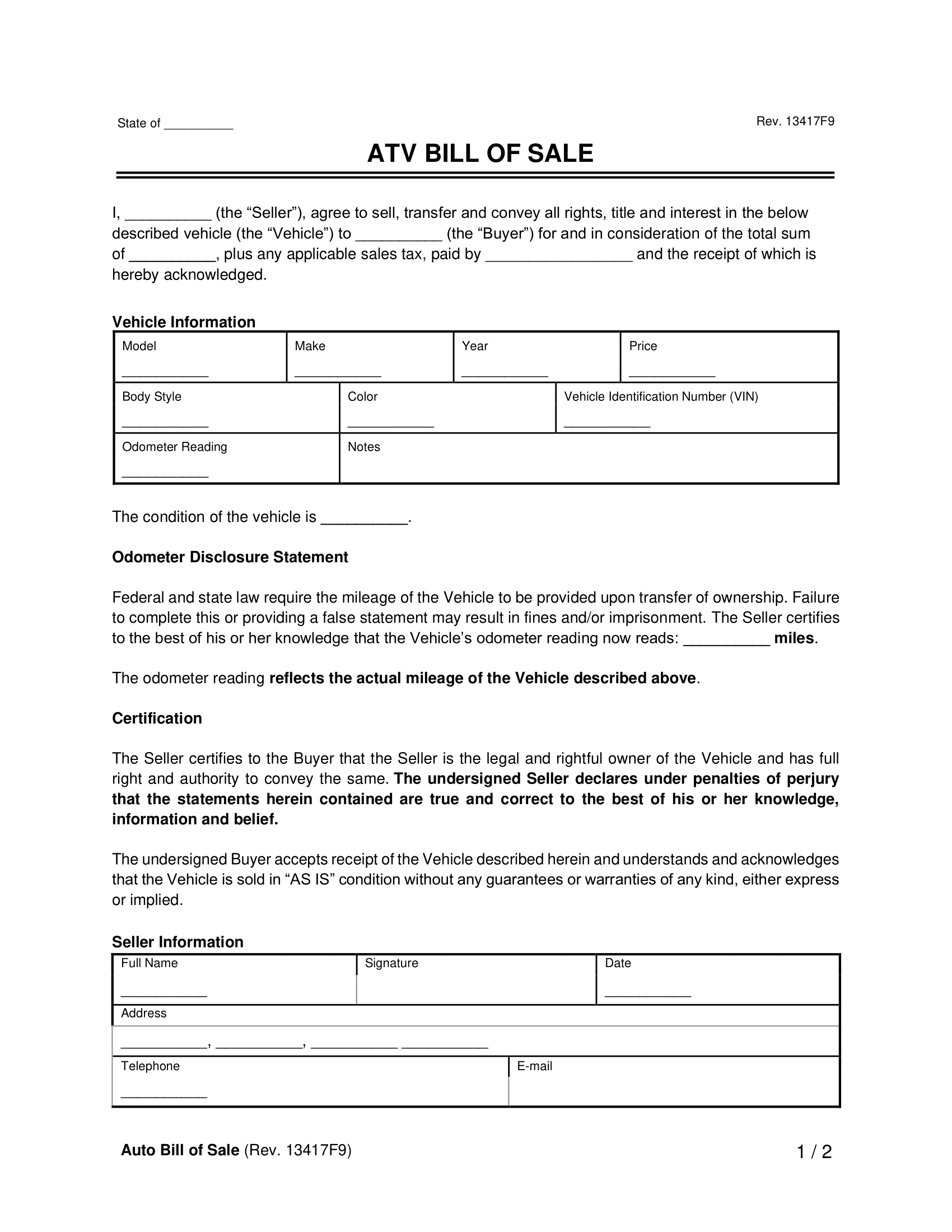 Free All-Terrain Vehicle (Atv) Bill Of Sale Form| Pdf & Word in Atv Bill of Sale Printable