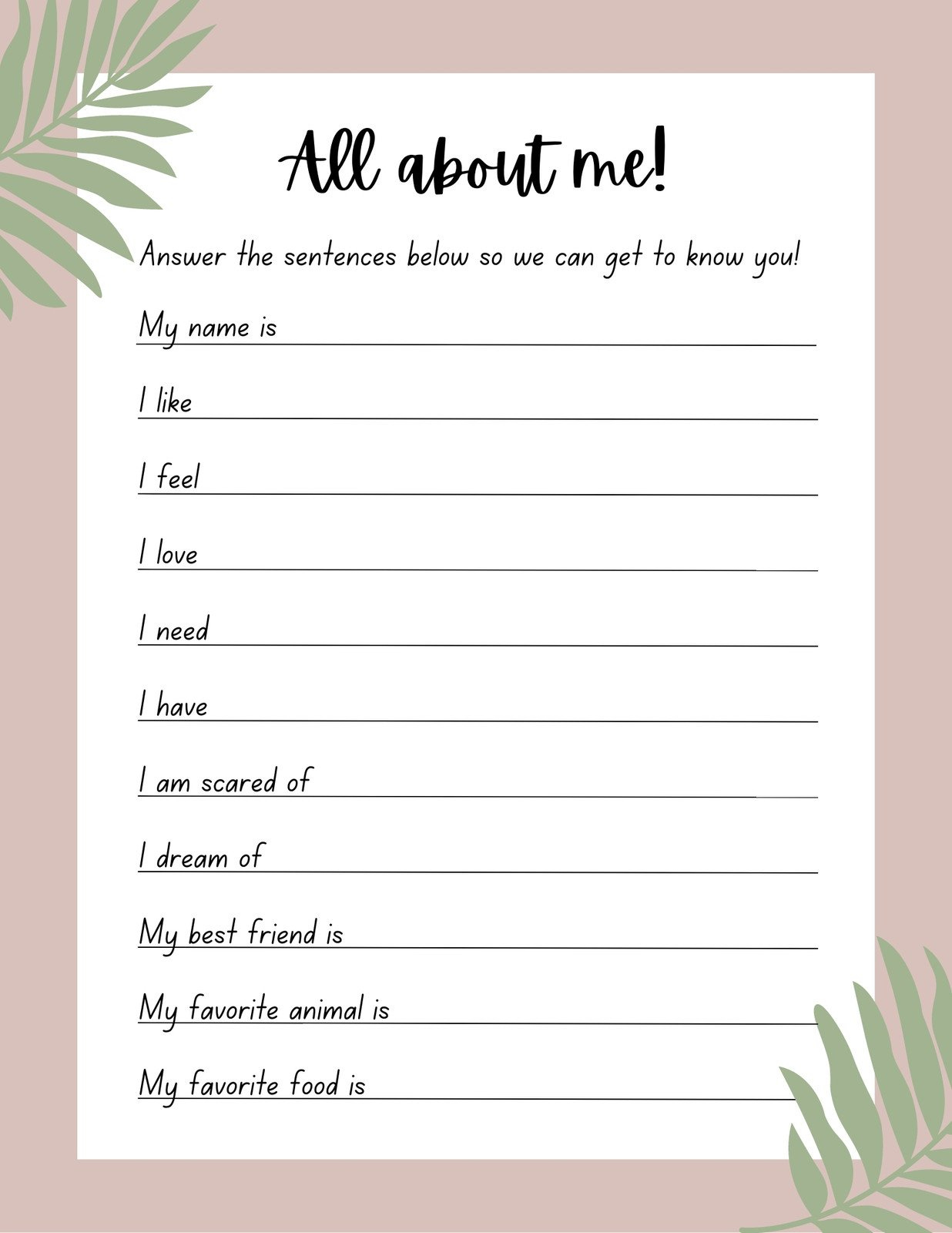 Free And Printable All About Me Worksheet Templates | Canva throughout Free Printable Get To Know You Worksheet For Adults