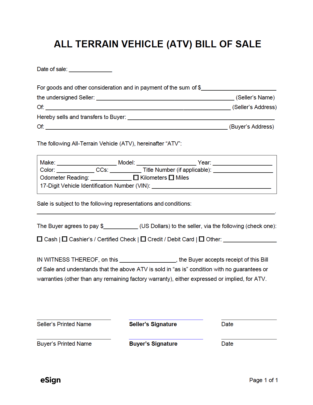 Free Atv Bill Of Sale Form | Pdf | Word in Atv Bill of Sale Printable