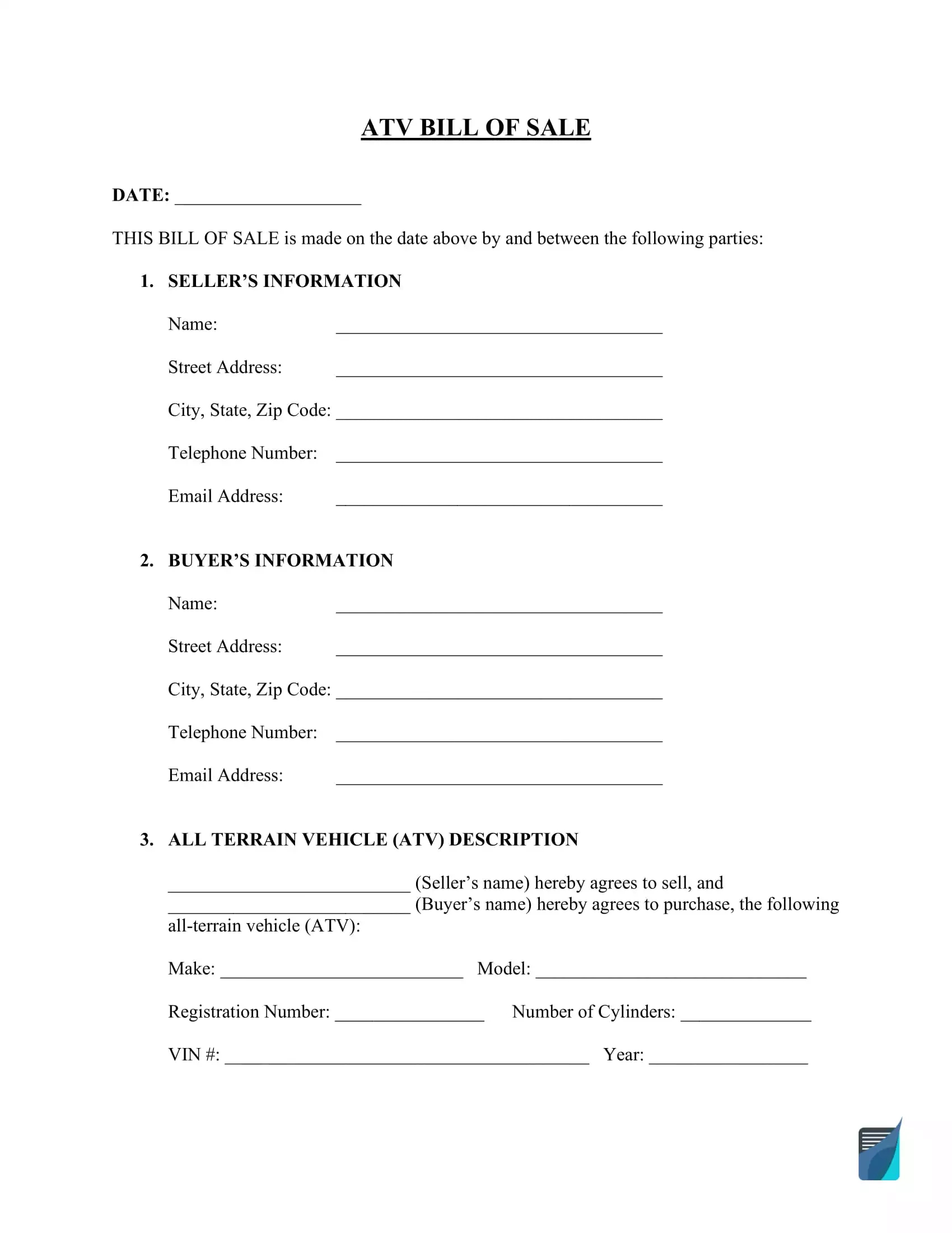Free Atv (Four-Wheeler) Bill Of Sale Form | Formspal inside Atv Bill of Sale Printable