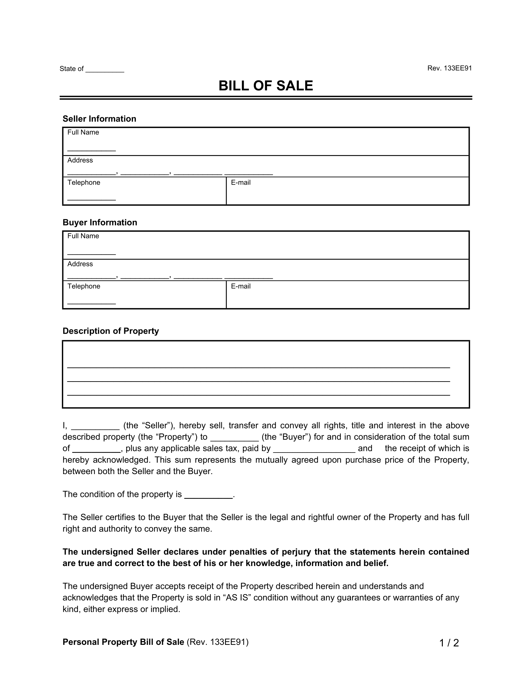 Free Bill Of Sale Templates | Pdf & Word for Free Printable Automobile Bill of Sale Template