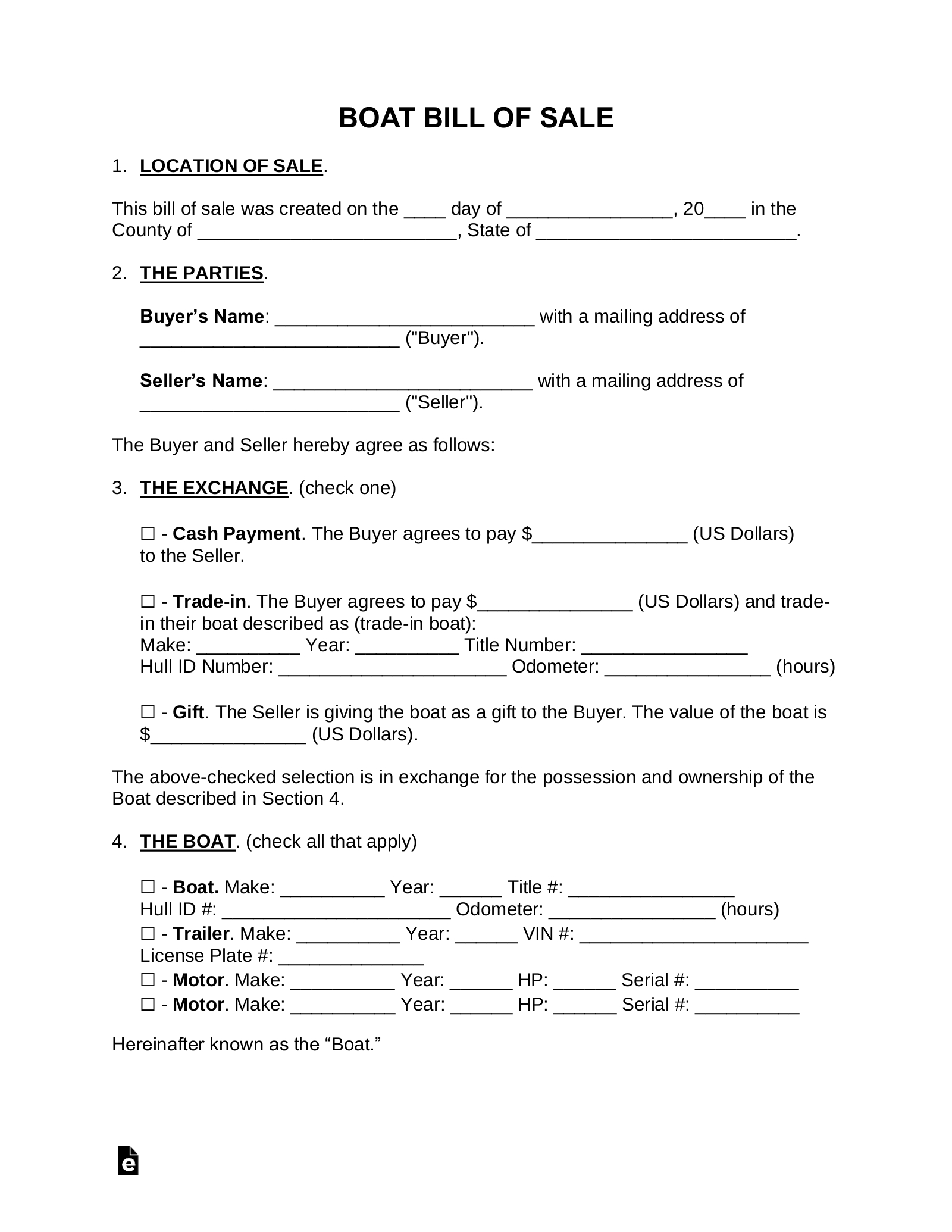 Free Boat Bill Of Sale - Pdf | Word – Eforms intended for Free Printable Boat Bill Of Sale
