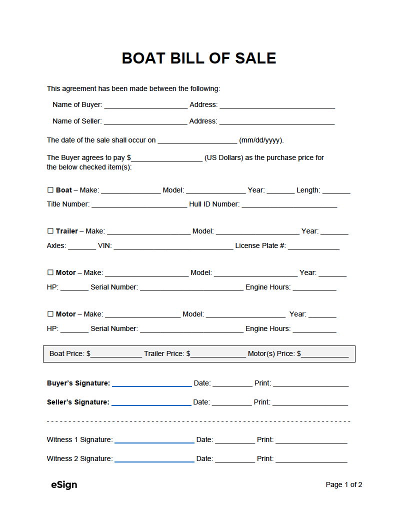 Free Boat (Vessel) Bill Of Sale Template | Pdf | Word pertaining to Free Printable Boat Bill Of Sale