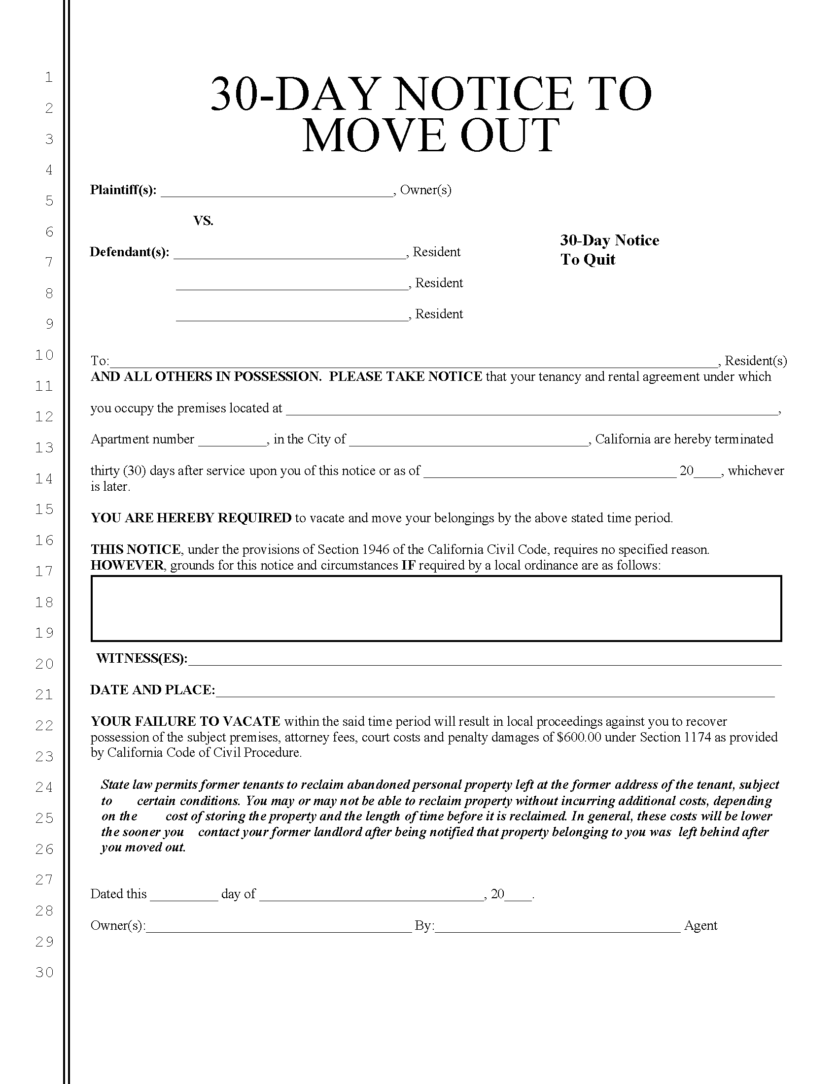 Free California 30-Day Notice To Quit | Lease Termination | Pdf for Printable 30 Day Notice to Vacate California