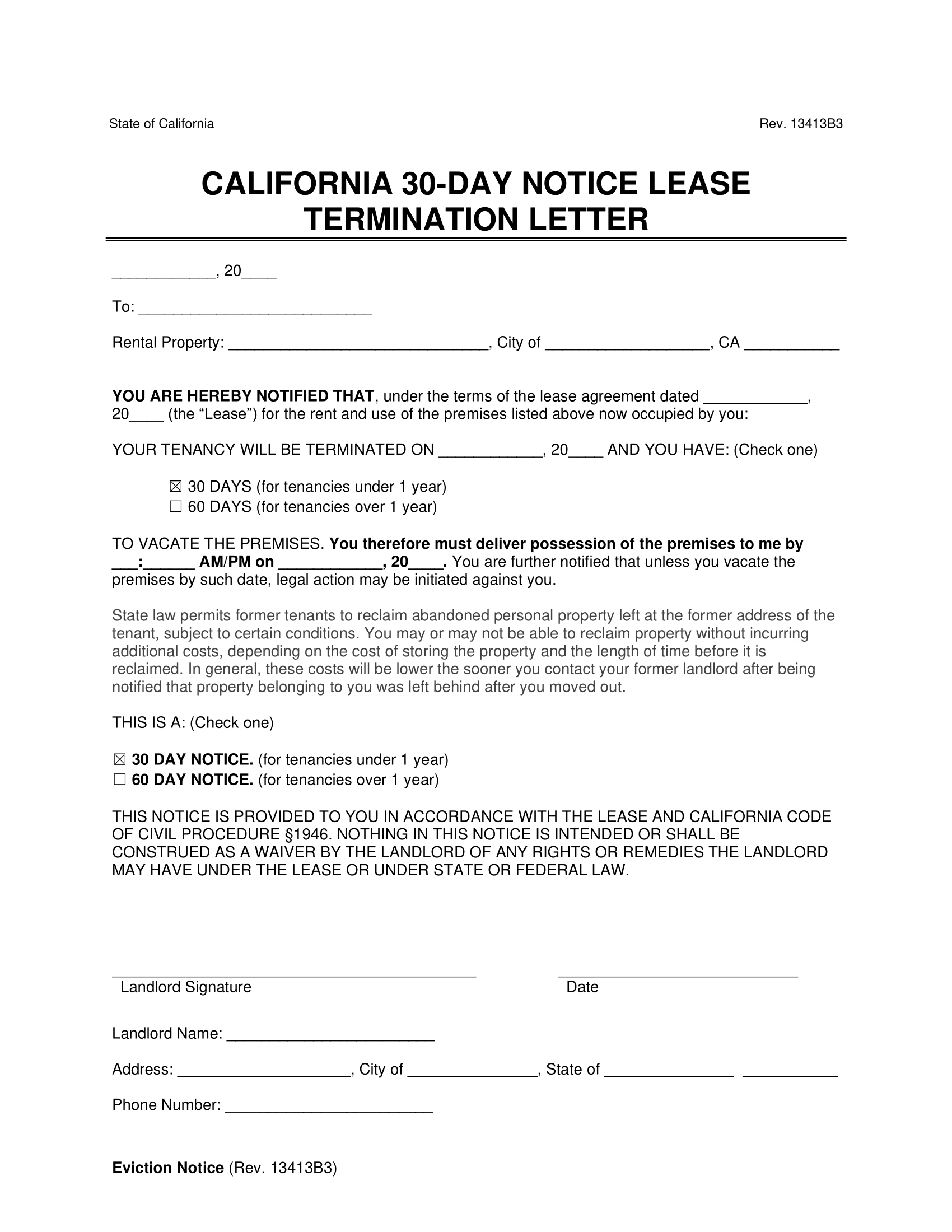 Free California 30-Day Notice To Vacate | Lease Termination Letter with Printable 30 Day Notice to Vacate California