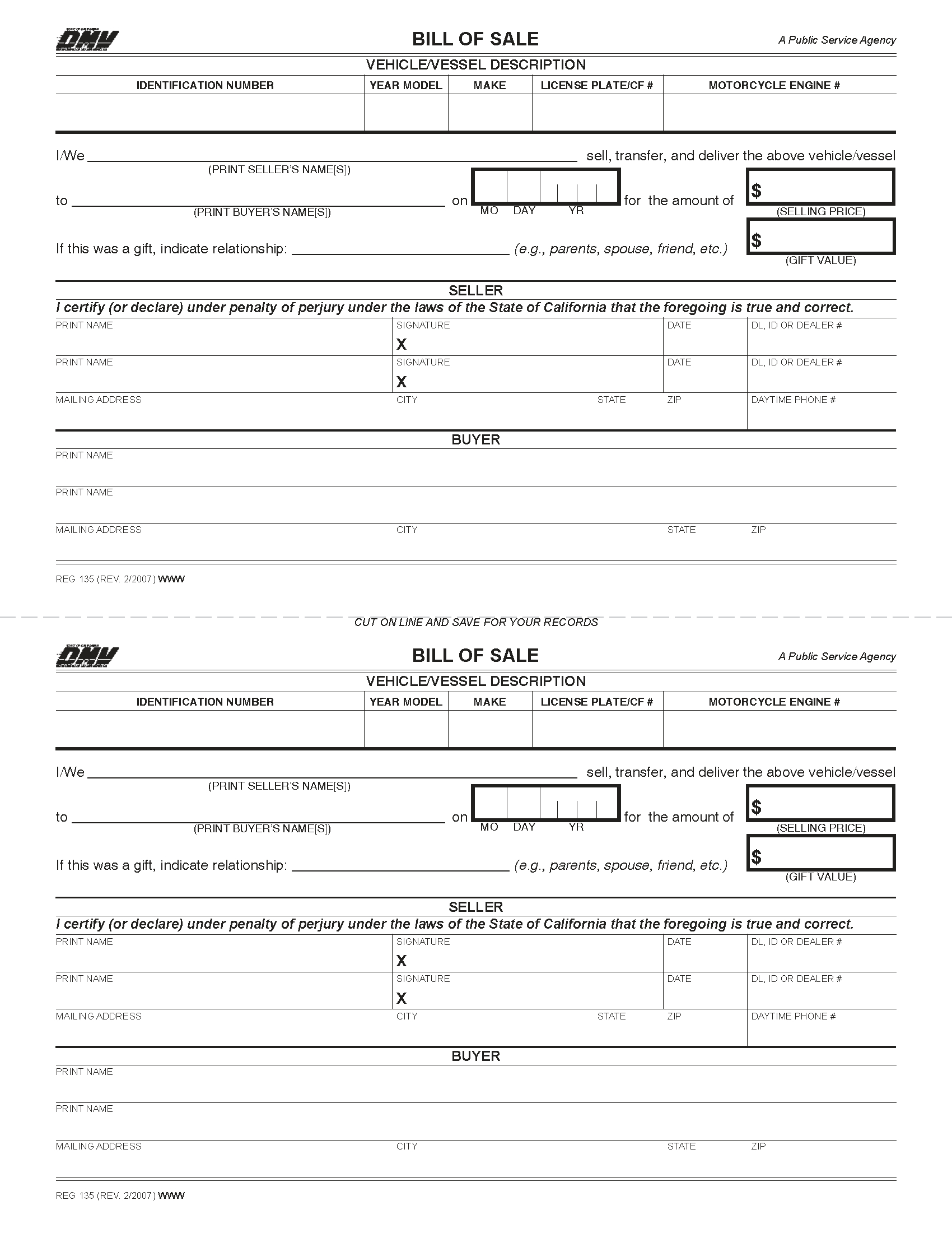 Free California Motor Vehicle Bill Of Sale Form | Pdf inside Printable Dmv Bill of Sale