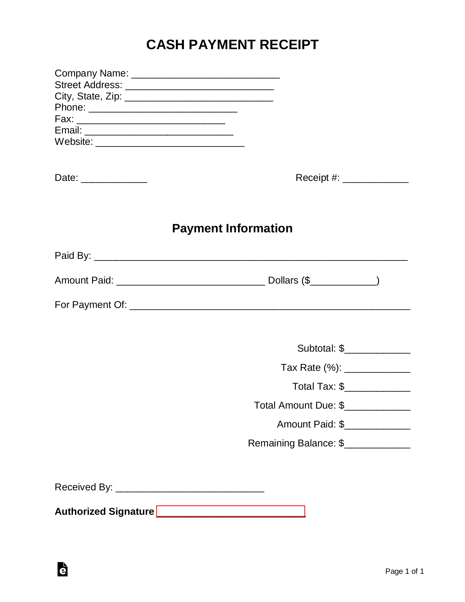 Free Cash Payment Receipt Template - Pdf | Word – Eforms within Sample Receipt of Payment Printable